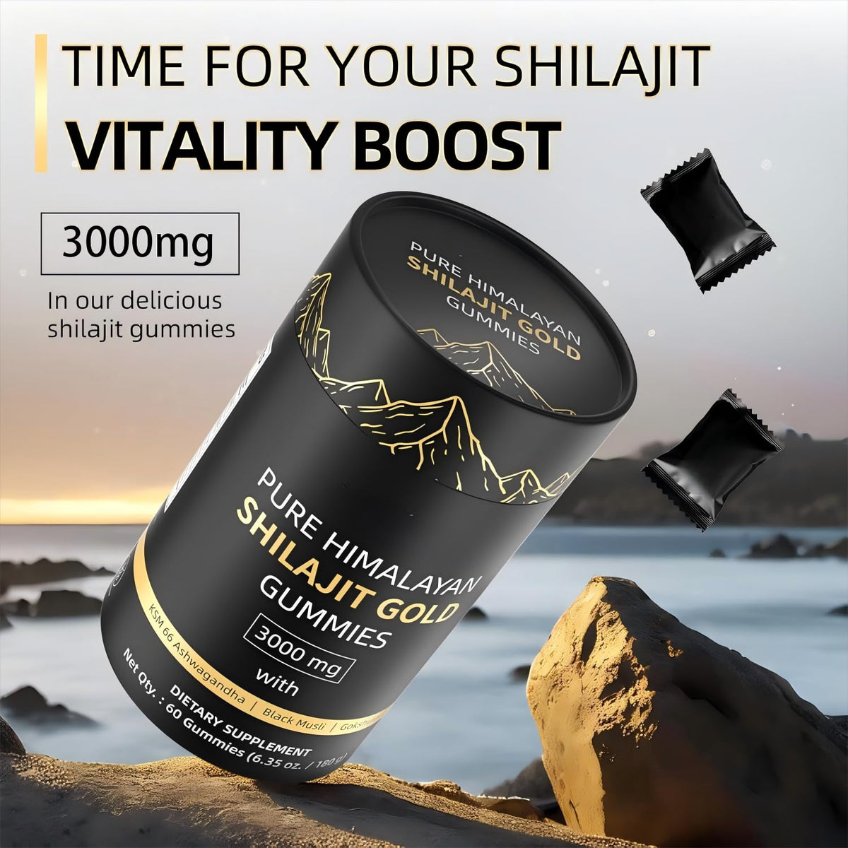 Gummies Shilajit HWAXIGO prêtes à être consommées sur une table