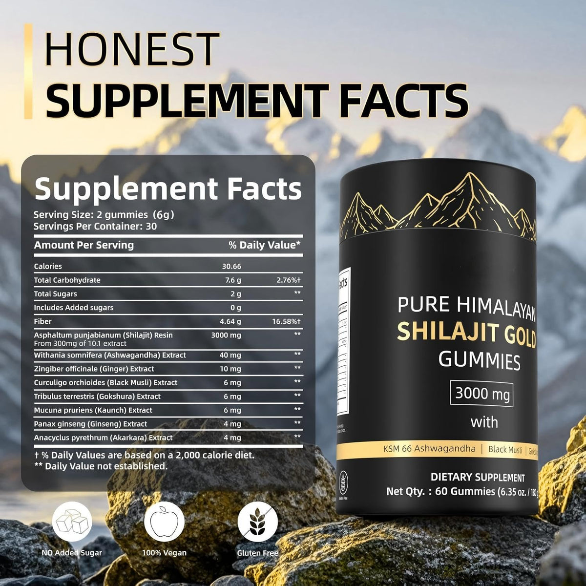Gummies Shilajit HWAXIGO sur une table avec des ingrédients naturels