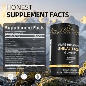 Gummies Shilajit HWAXIGO sur une table avec des ingrédients naturels