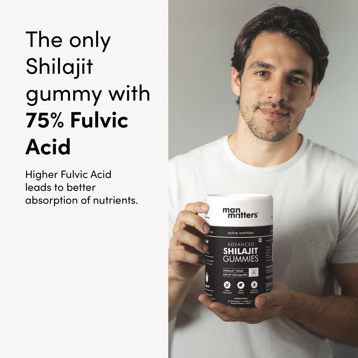 Gummies Shilajit Man Matters 4000 mg avec un gros plan sur le produit