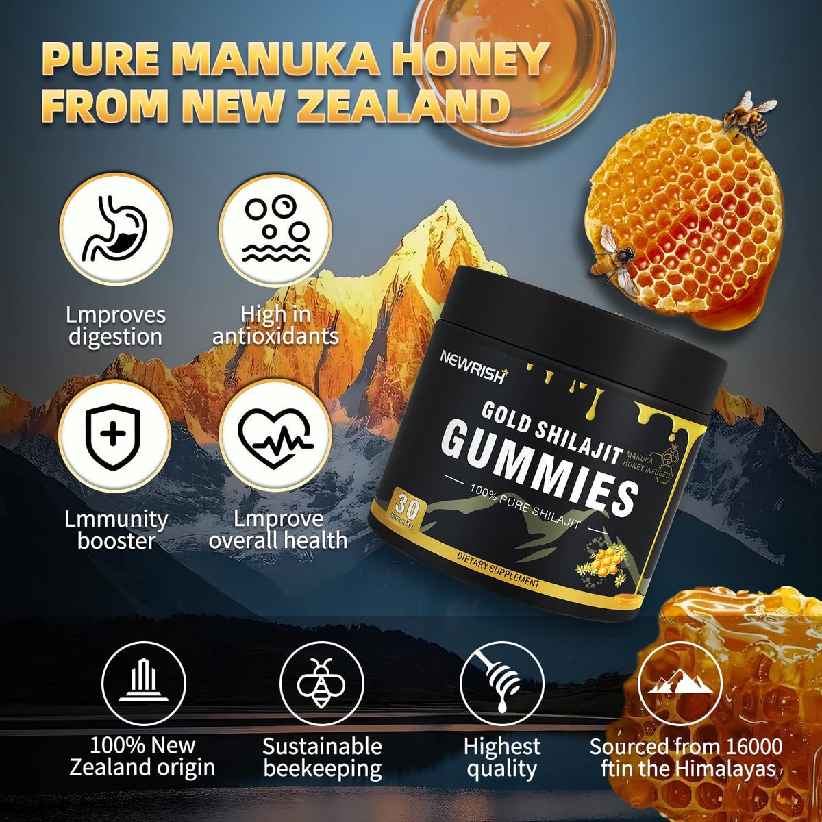 Gummies Shilajit Newrish au miel Manuka, présentation du produit