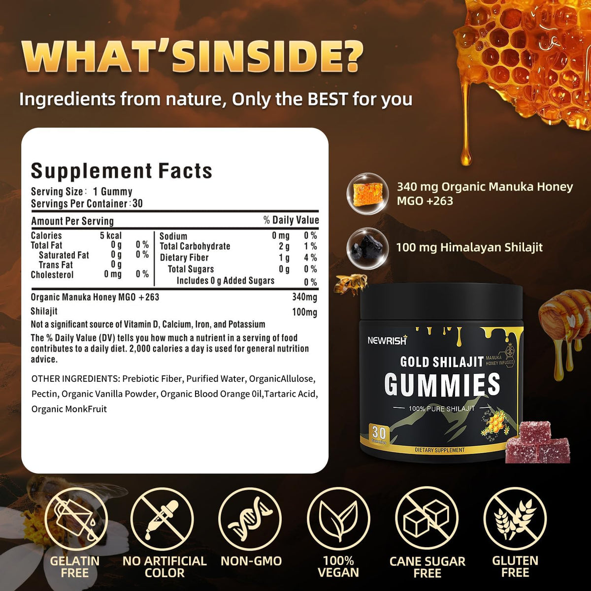 Gummies Shilajit Newrish au miel Manuka sur une table, mise en scène
