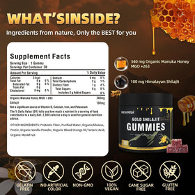 Gummies Shilajit Newrish au miel Manuka sur une table, mise en scène