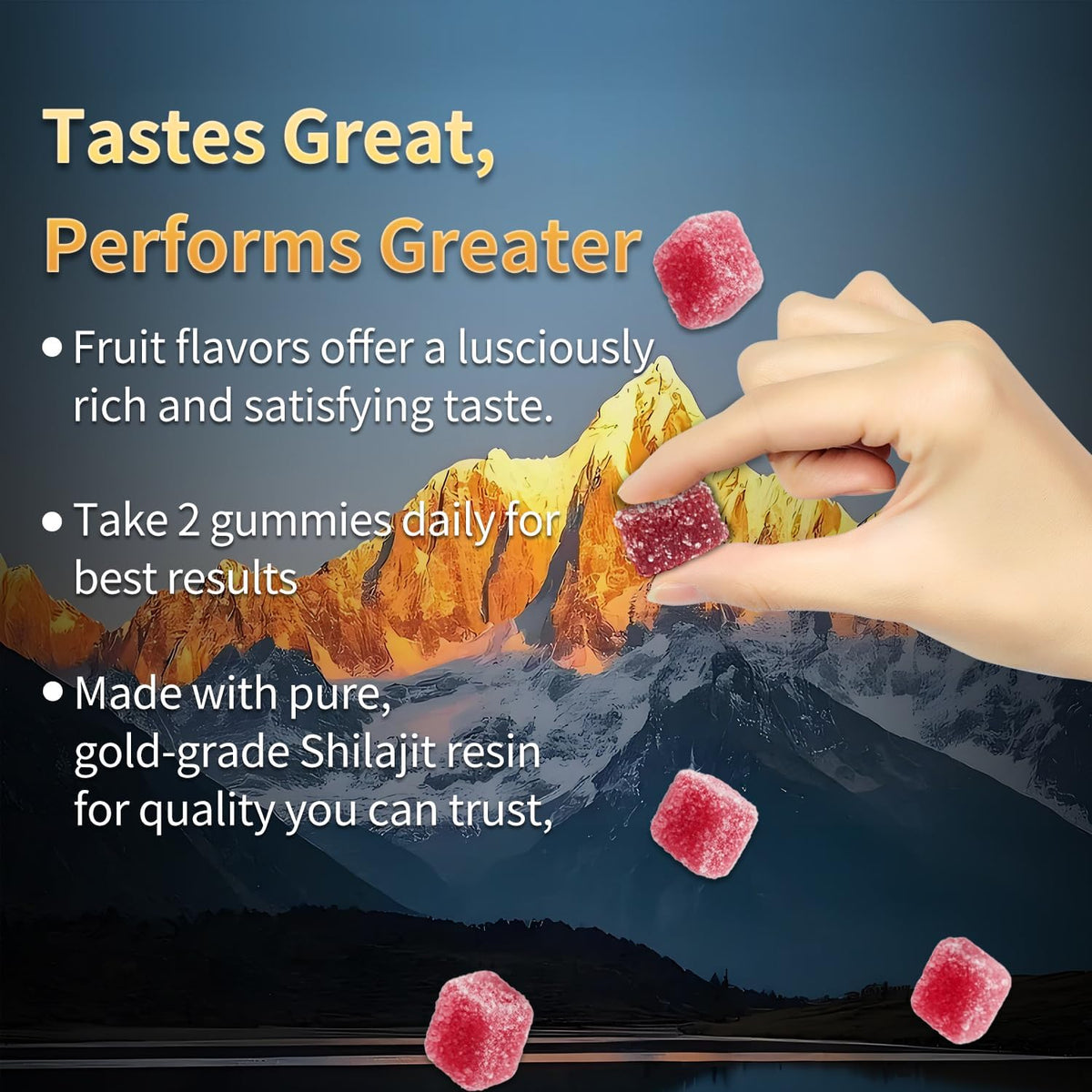 Gummies Shilajit Newrish avec des ingrédients naturels en arrière-plan