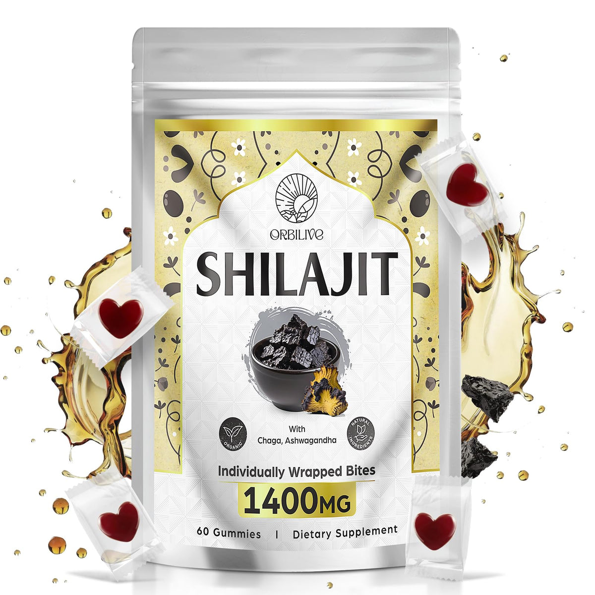 Gummies Shilajit ORBILIVE 1400 MG avec Ashwagandha, emballage avant