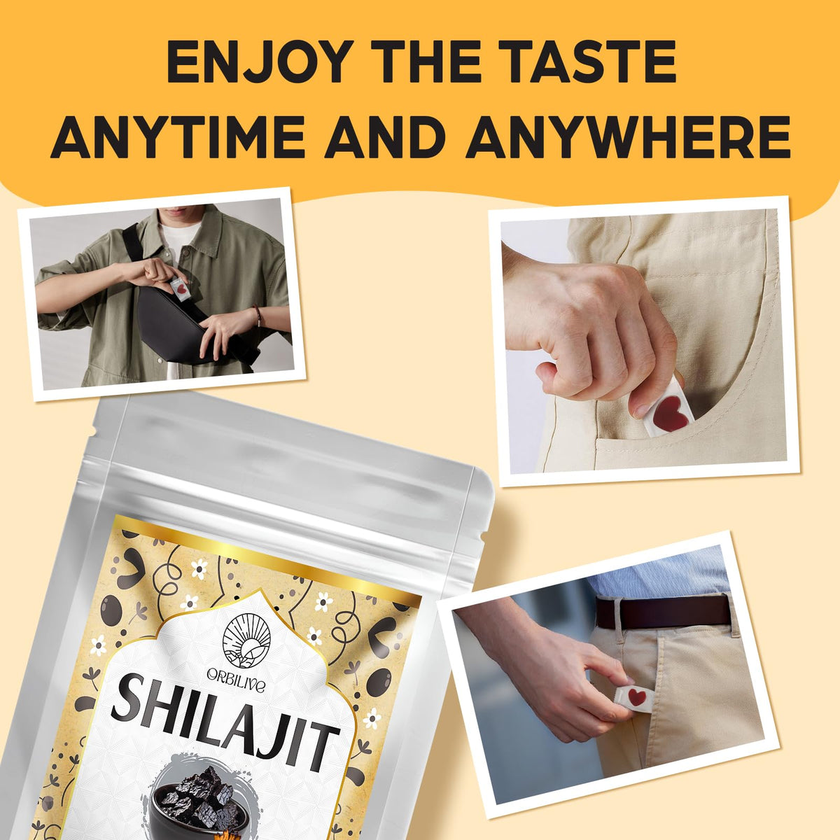 Gummies Shilajit ORBILIVE 1400 MG, mise en scène sur une table