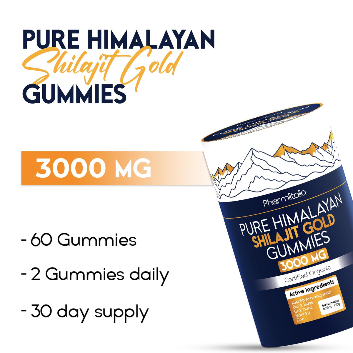 Gummies Shilajit Pharmlitalia 3000mg, boîte ouverte avec gummies