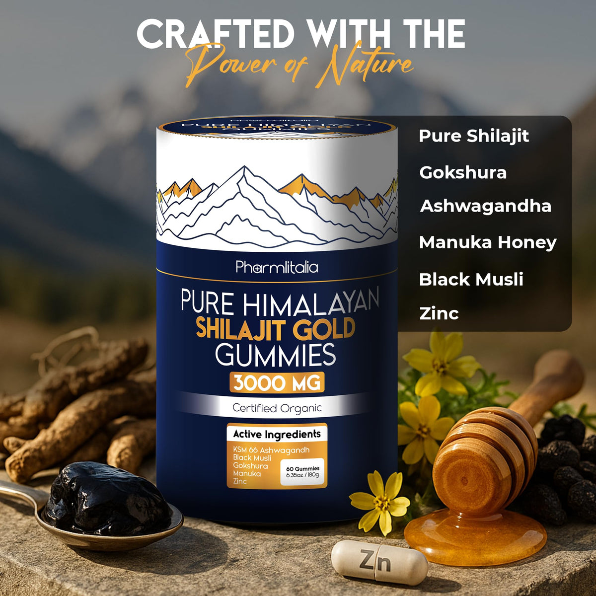 Gummies Shilajit Pharmlitalia 3000mg, portion avec gummies sur une table