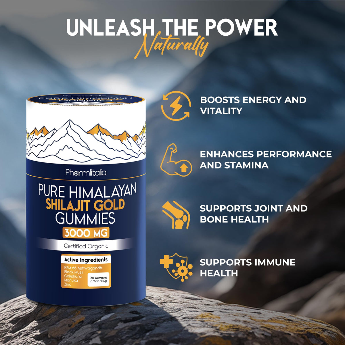 Gummies Shilajit Pharmlitalia 3000mg, vue de côté de la boîte