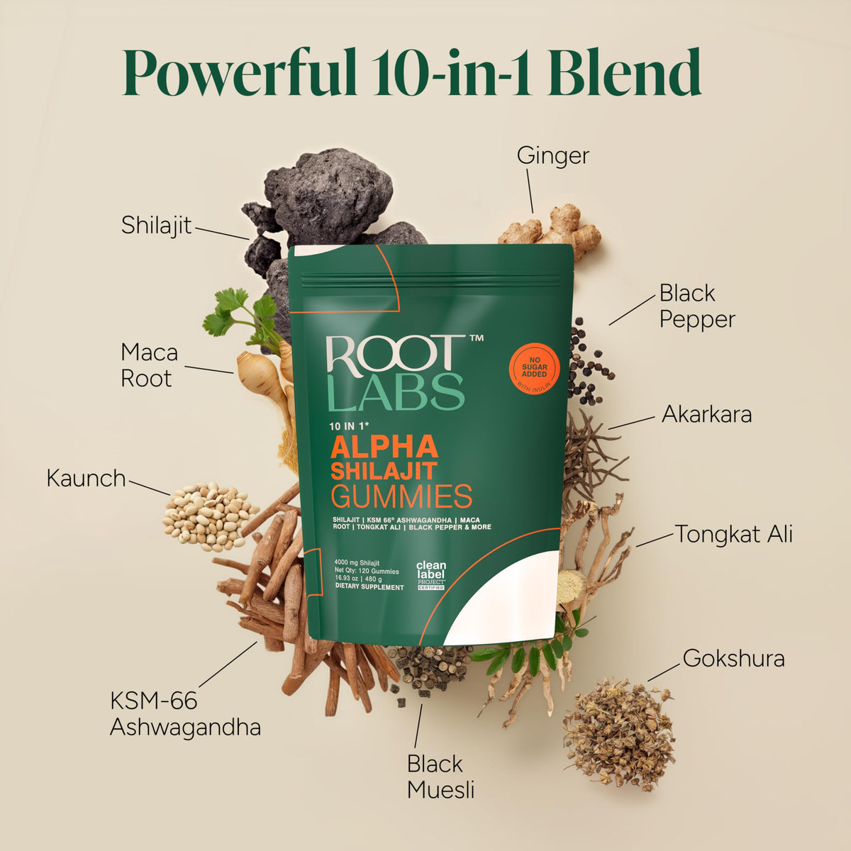 Gummies Shilajit ROOT LABS 10-en-1 avec étiquette nutritionnelle