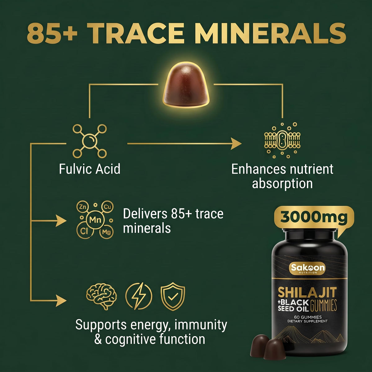 Gummies Shilajit Sakoon nutrition sur une table
