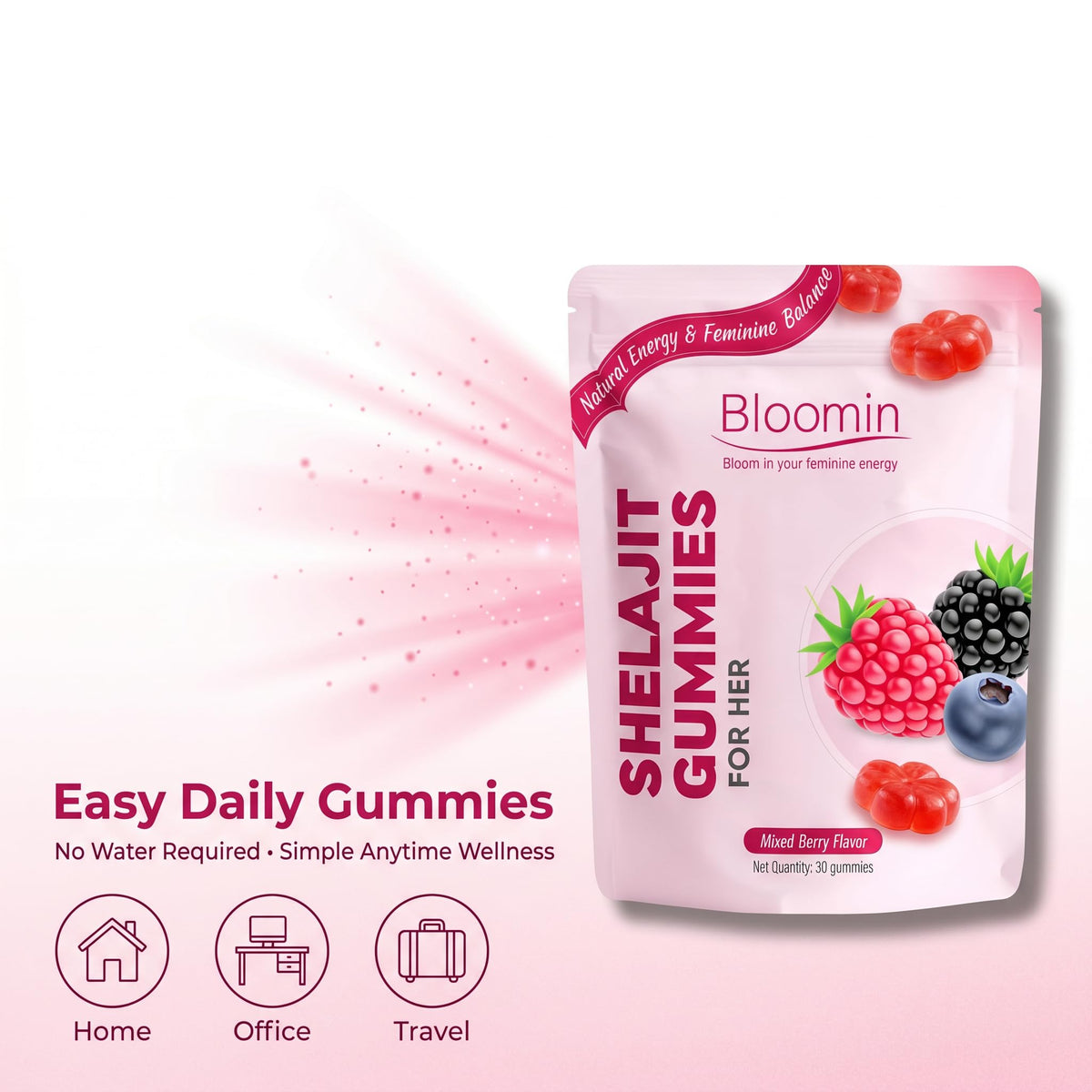 Gummies Shilajit sur une table avec d'autres compléments