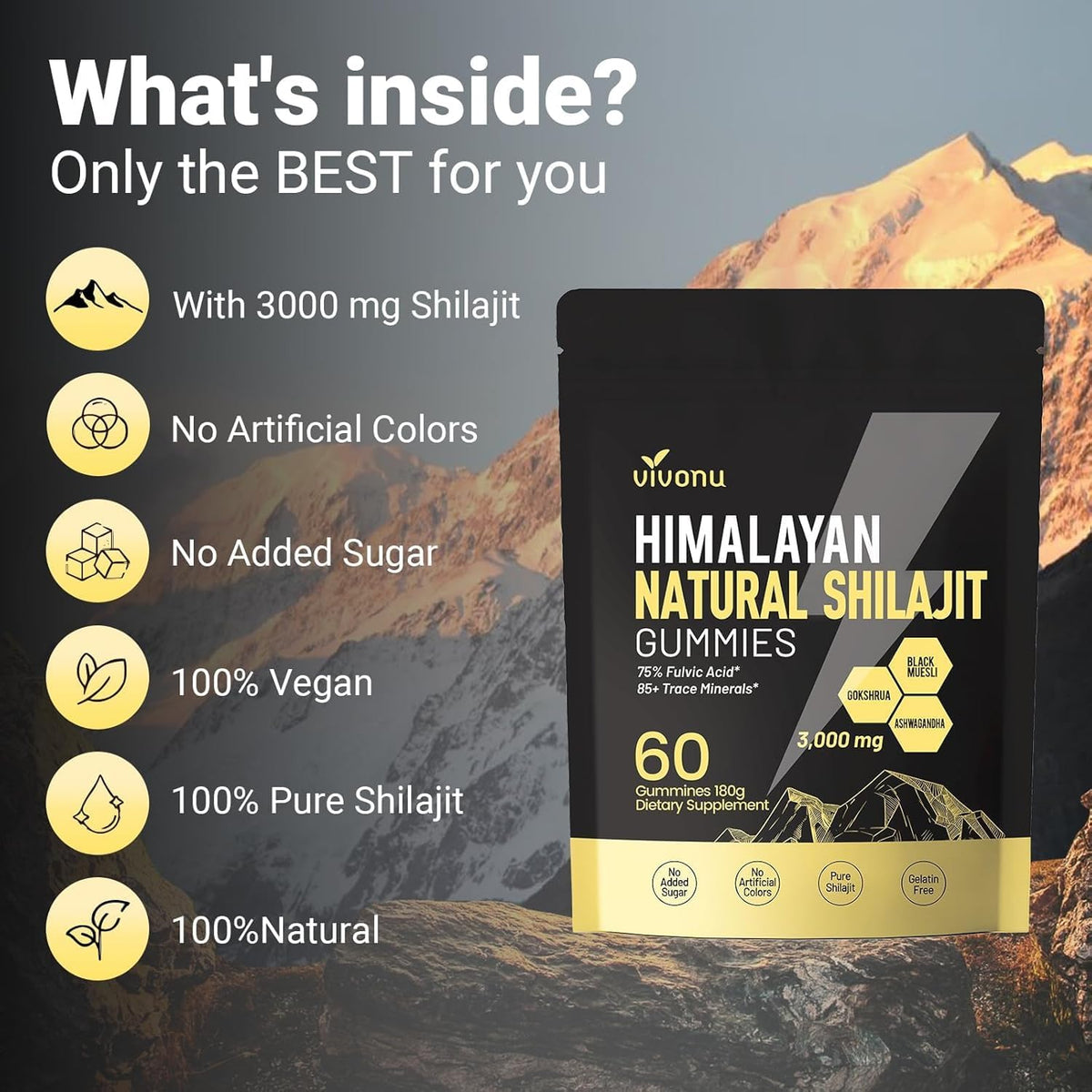 Gummies Shilajit VivoNu avec fruits et légumes en arrière-plan