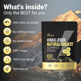 Gummies Shilajit VivoNu avec fruits et légumes en arrière-plan