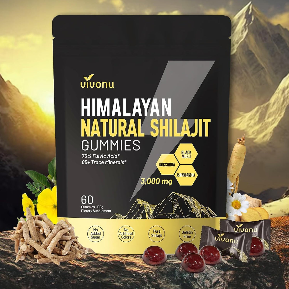 Gummies Shilajit VivoNu paquet avant avec ingrédients naturels