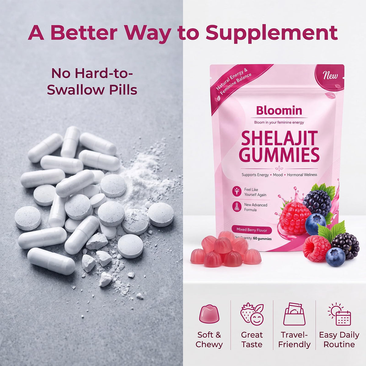 Gummies Shilajit XKHZRX sur une table avec fruits