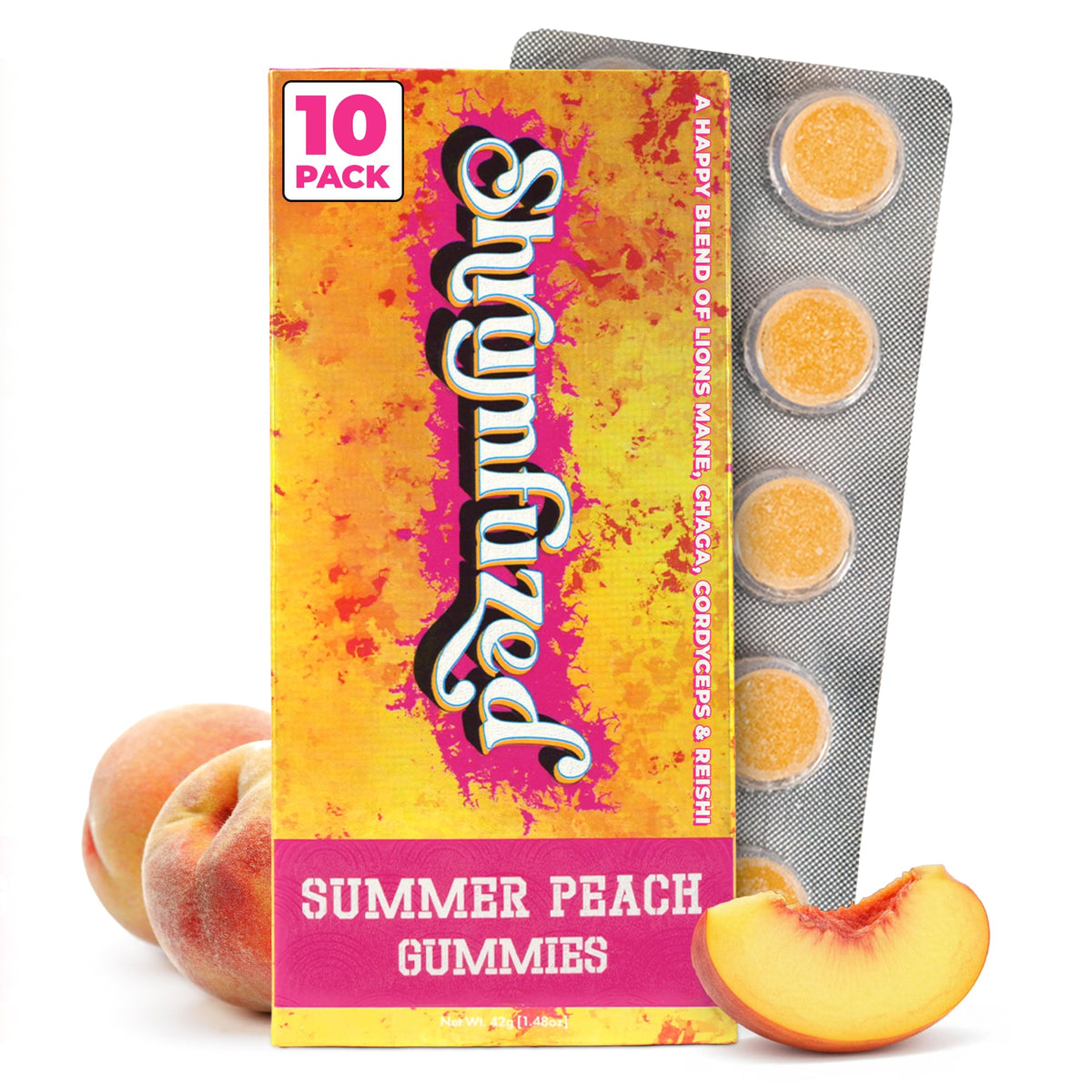 Gummies Shrumfuzed aux champignons, saveur pêche d'été, vue de face