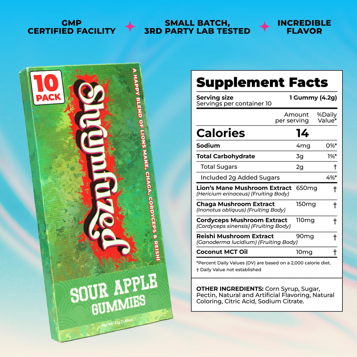 Gummies Shrumfuzed dans une main avec un verre d'eau