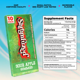Gummies Shrumfuzed dans une main avec un verre d'eau