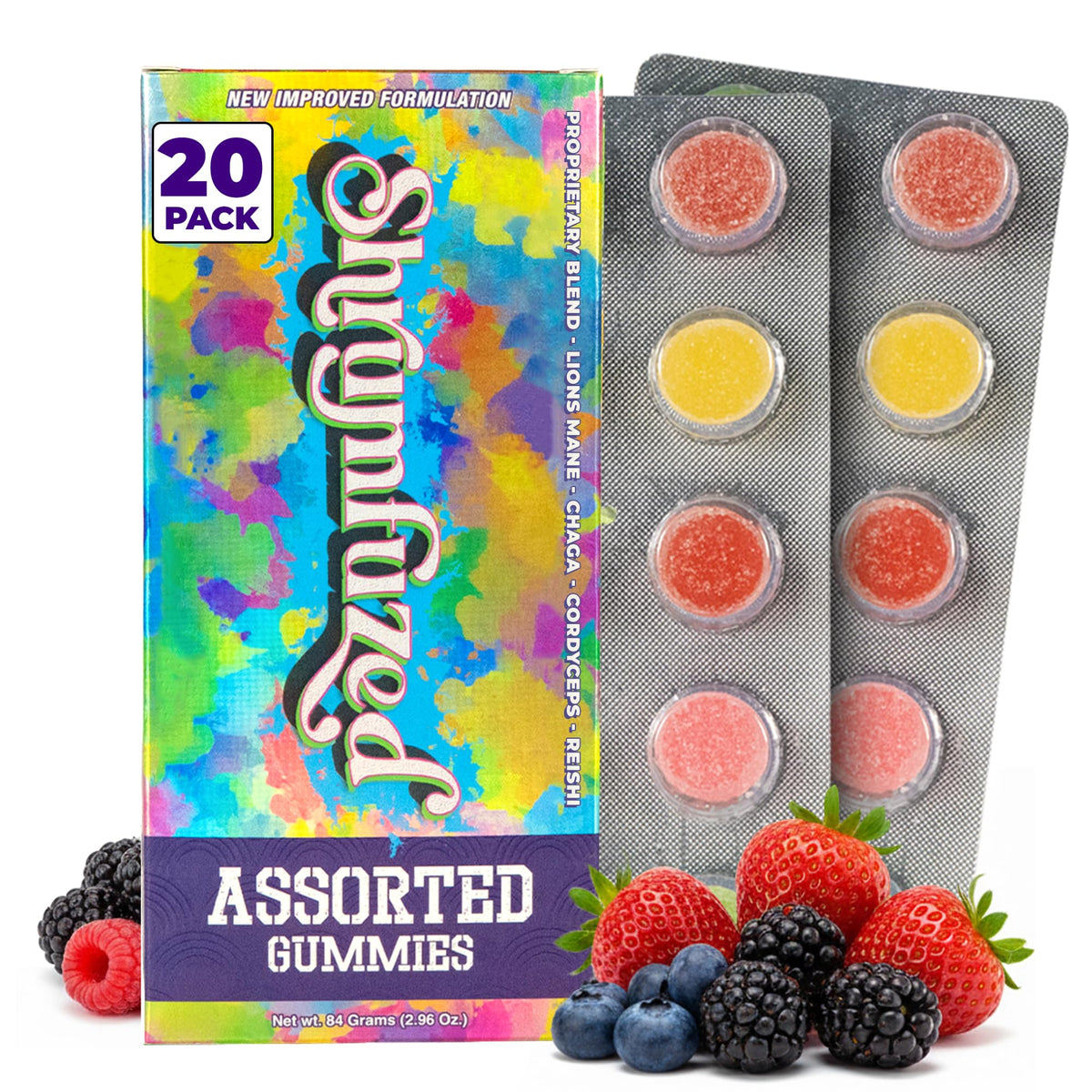 Gummies Shrumfuzed de champignons en vue avant avec emballage coloré
