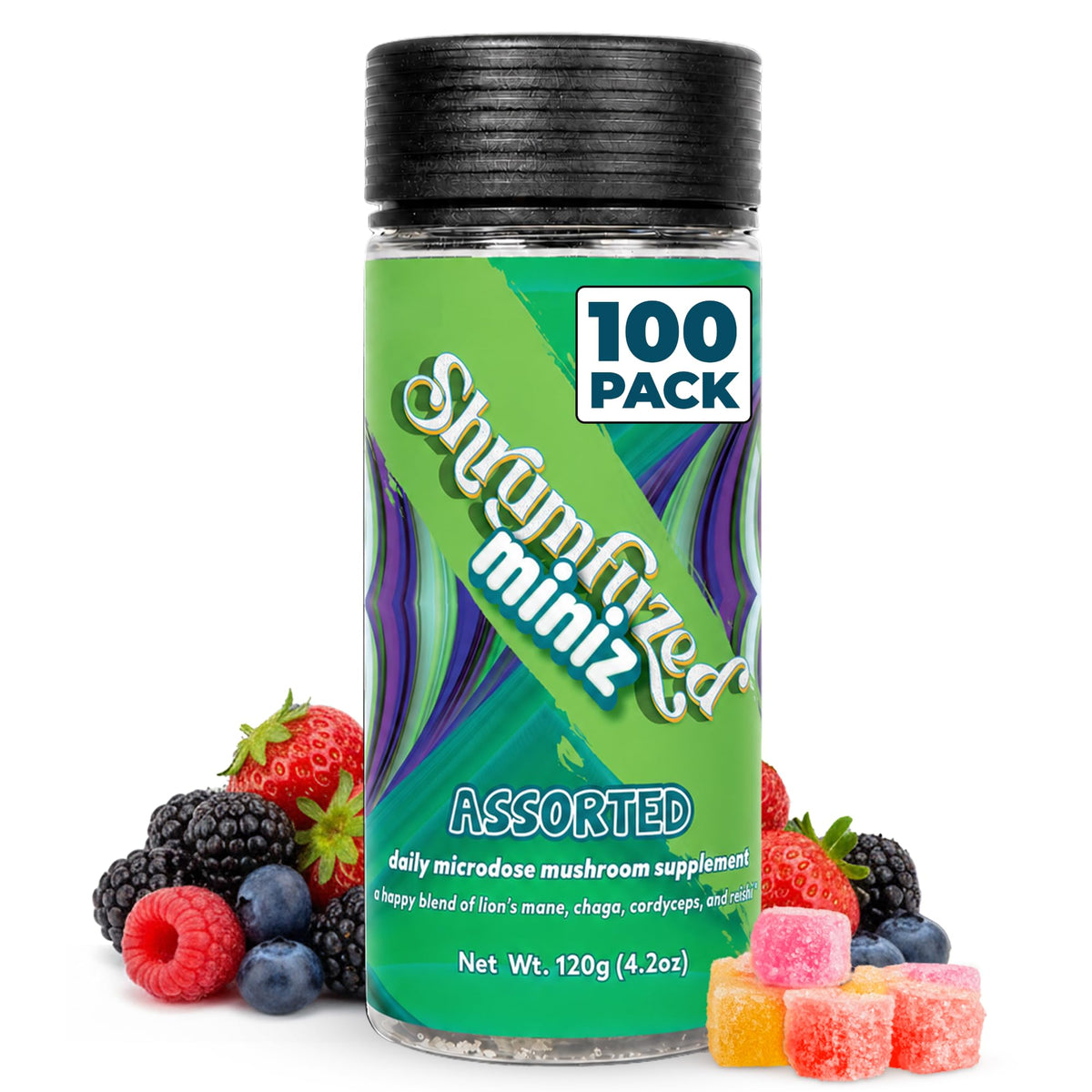 Gummies Shrumfuzed de champignons mini, vue avant avec emballage