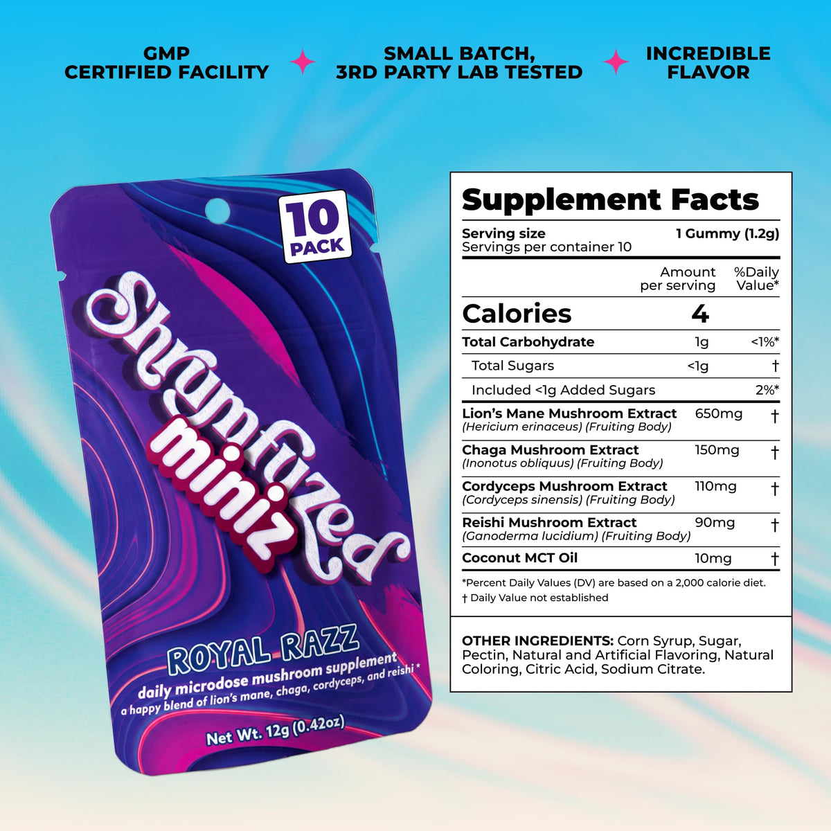 Gummies Shrumfuzed Miniz Royal Razz à côté d'une tasse de thé