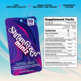 Gummies Shrumfuzed Miniz Royal Razz à côté d'une tasse de thé