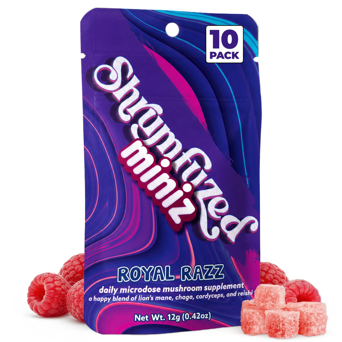 Gummies Shrumfuzed Miniz Royal Razz avec emballage et gummies visibles