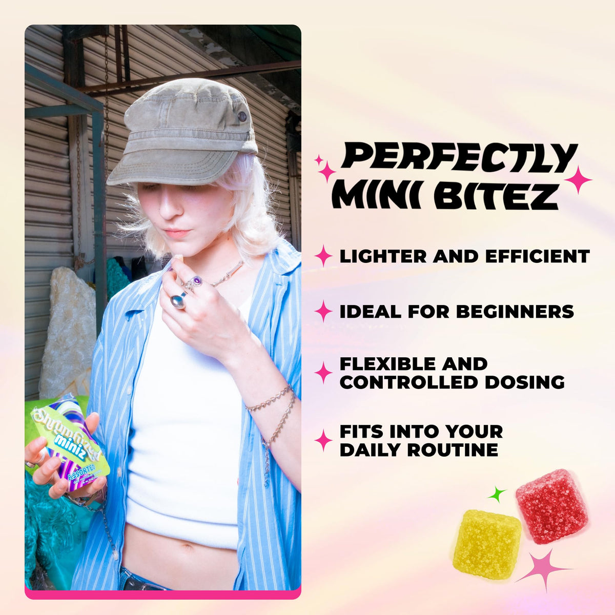 Gummies Shrumfuzed Miniz Royal Razz montrant la texture des gummies