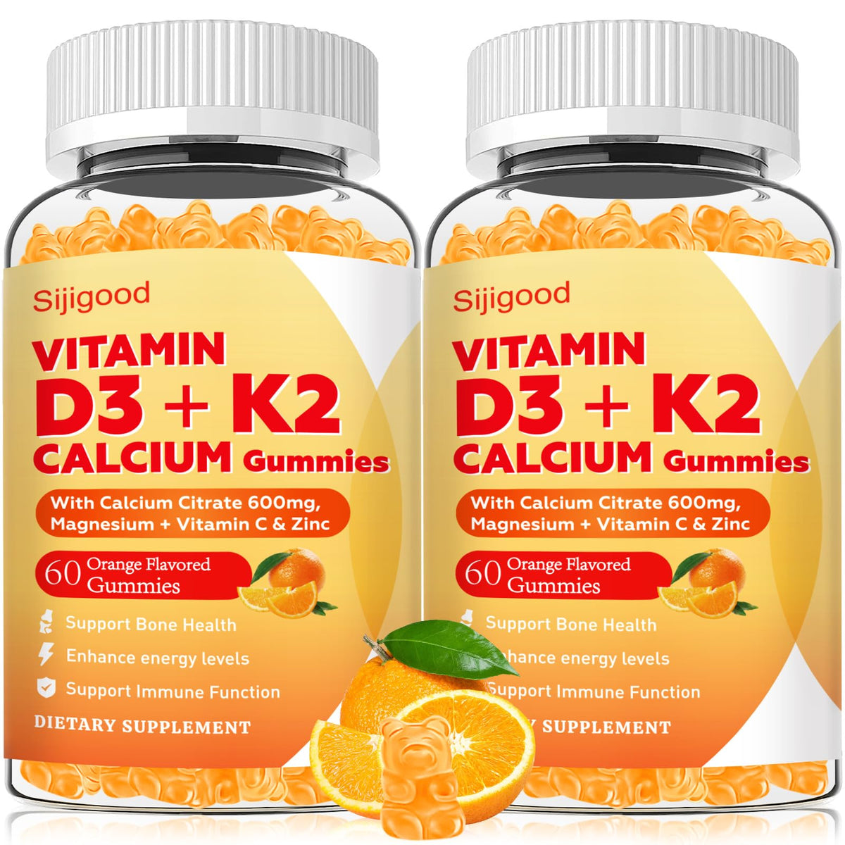 Gummies Sijigood D3 K2 6-en-1 devant un fond blanc