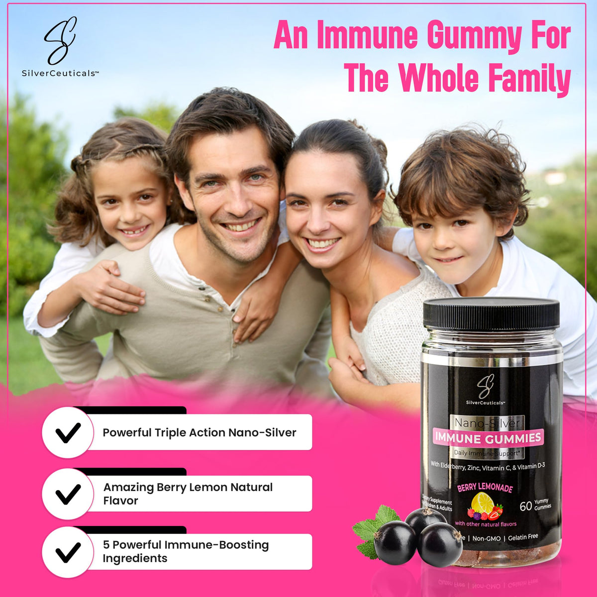 Gummies SilverCeuticals sur une table avec des fruits frais