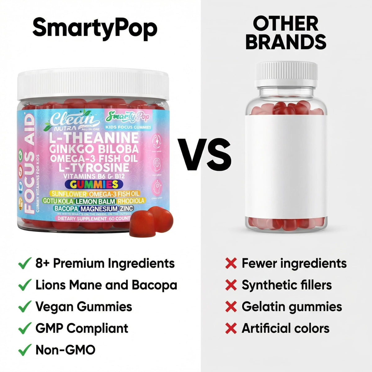 Gummies SmartyPop avec des vitamines et suppléments sur une table