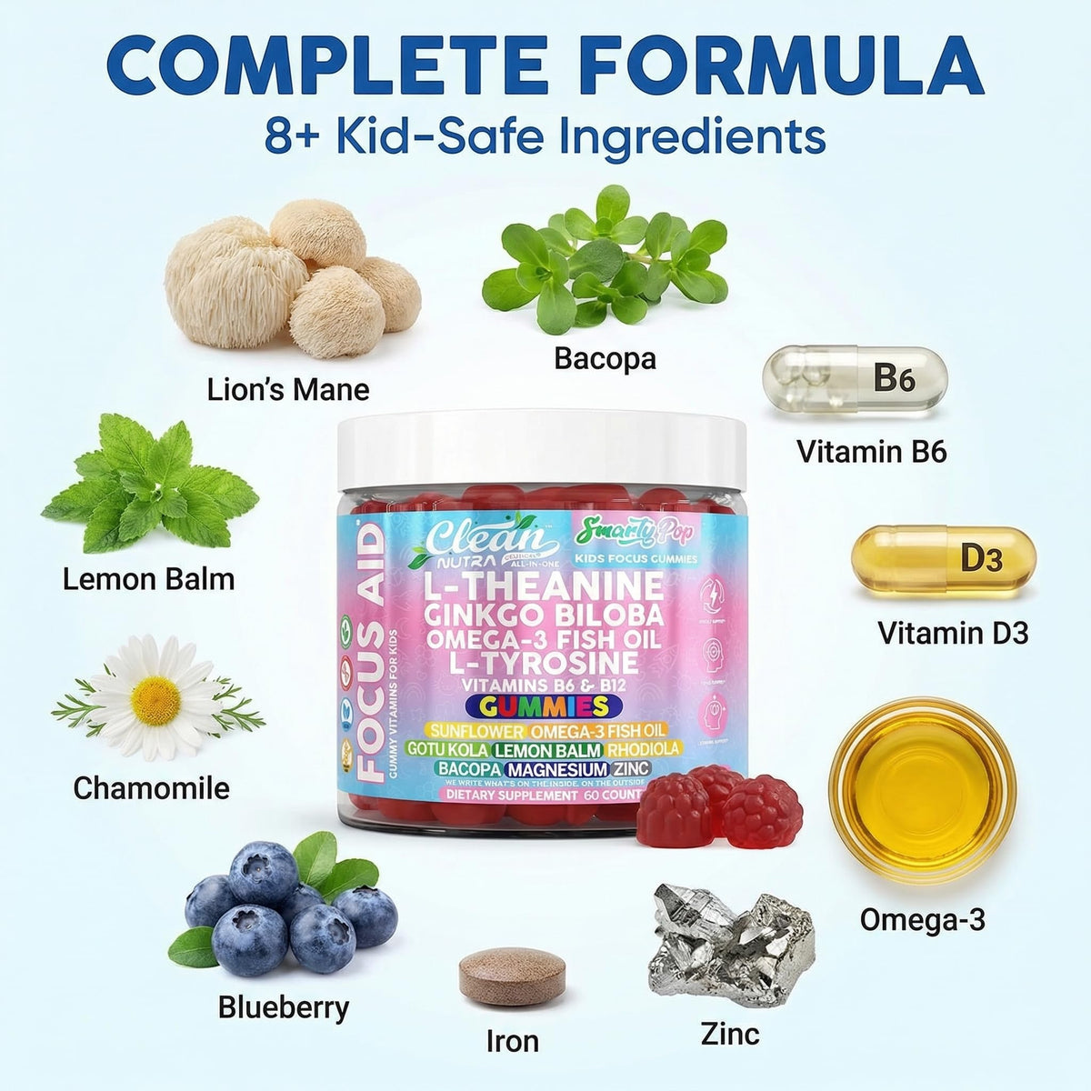 Gummies SmartyPop entourées d'éléments naturels comme le Ginkgo Biloba et des fruits