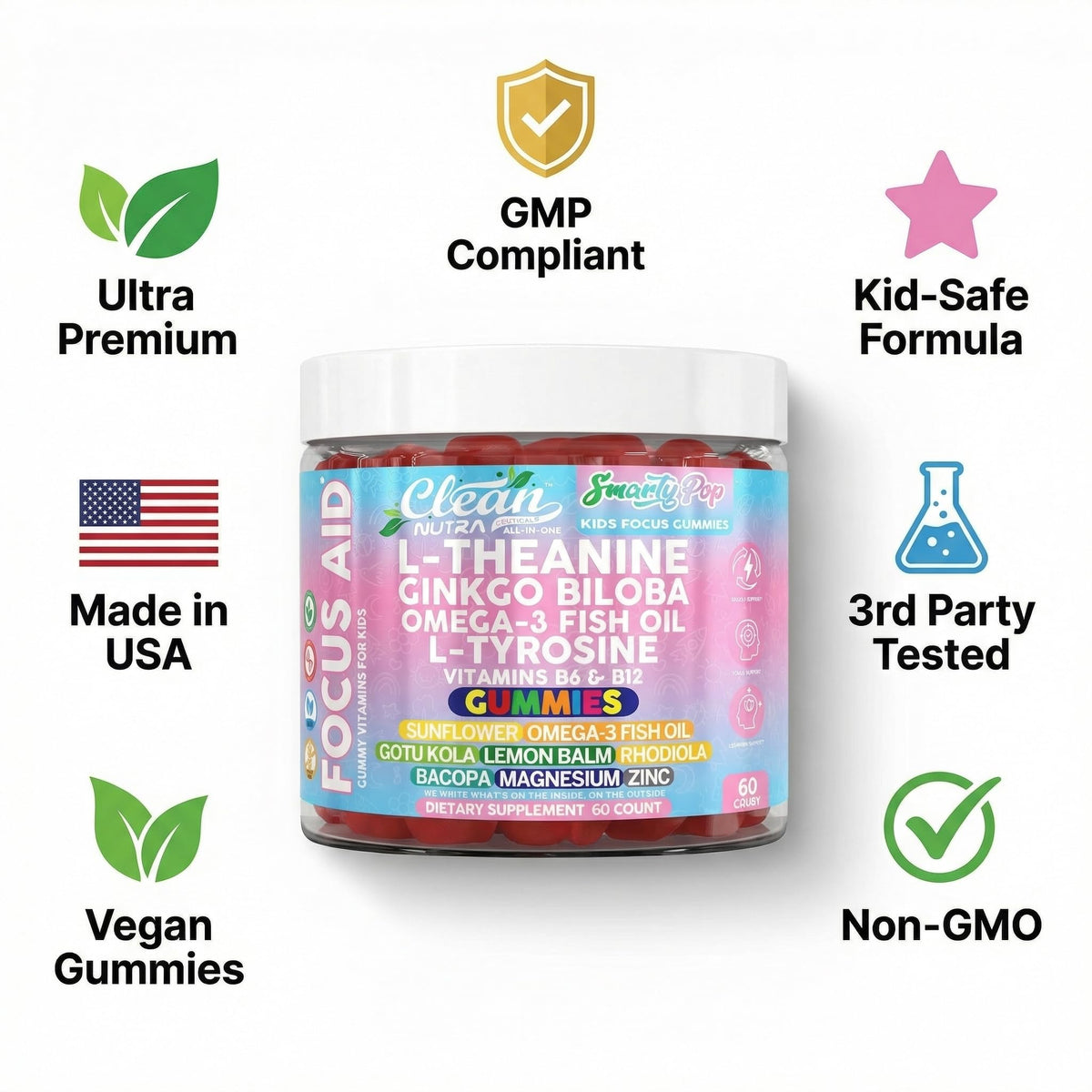 Gummies SmartyPop présentées avec un arrière-plan coloré et joyeux