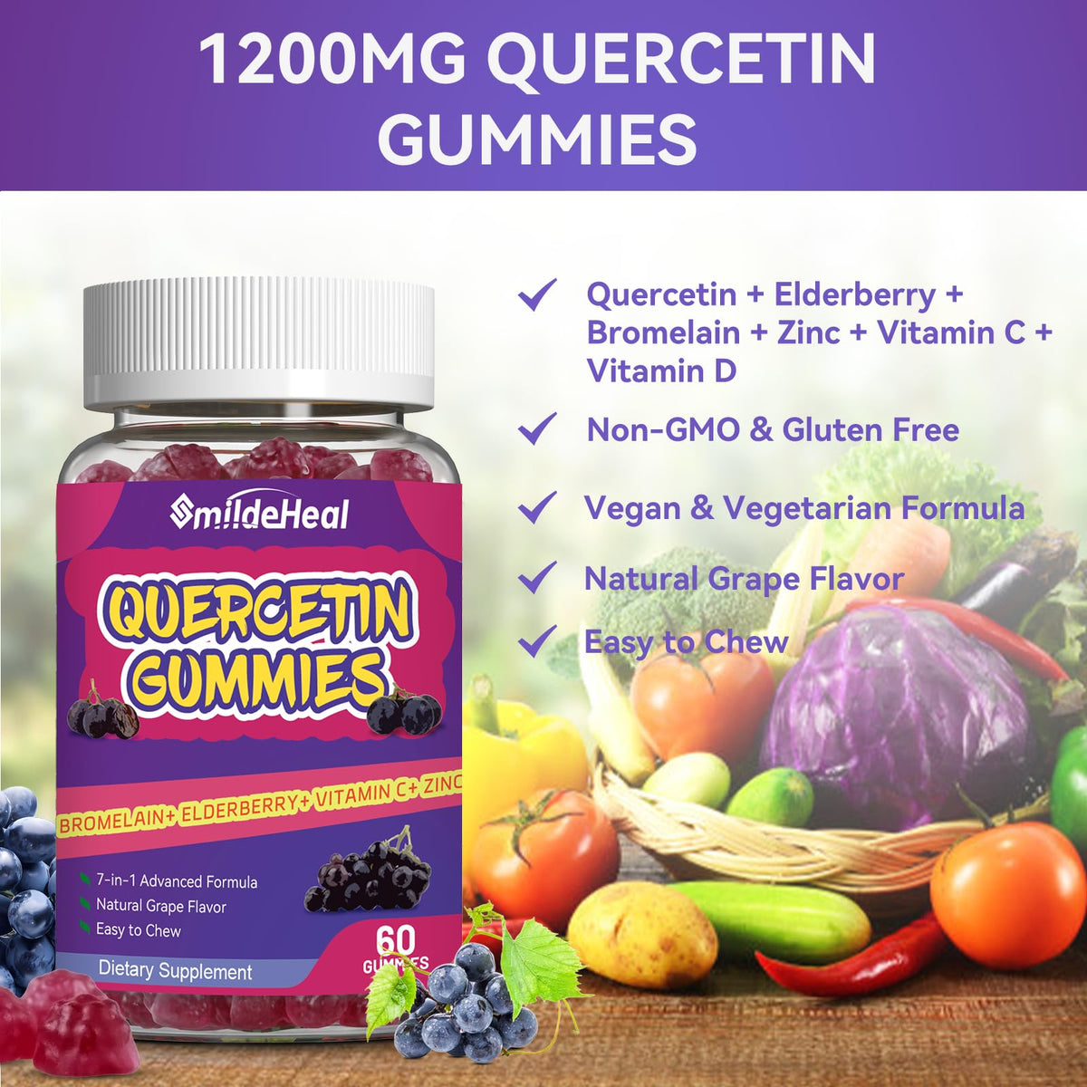Gummies SmildeHeal de quercétine avec des raisins frais en arrière-plan