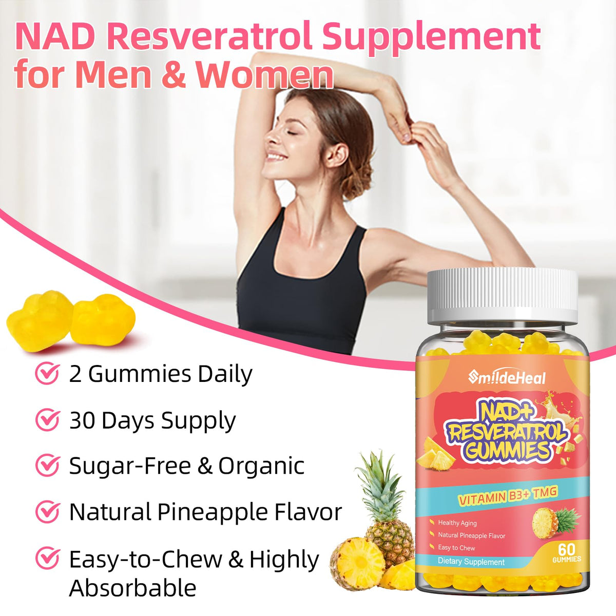 Gummies SmildeHeal NAD+ Resveratrol dans une main, présentation conviviale
