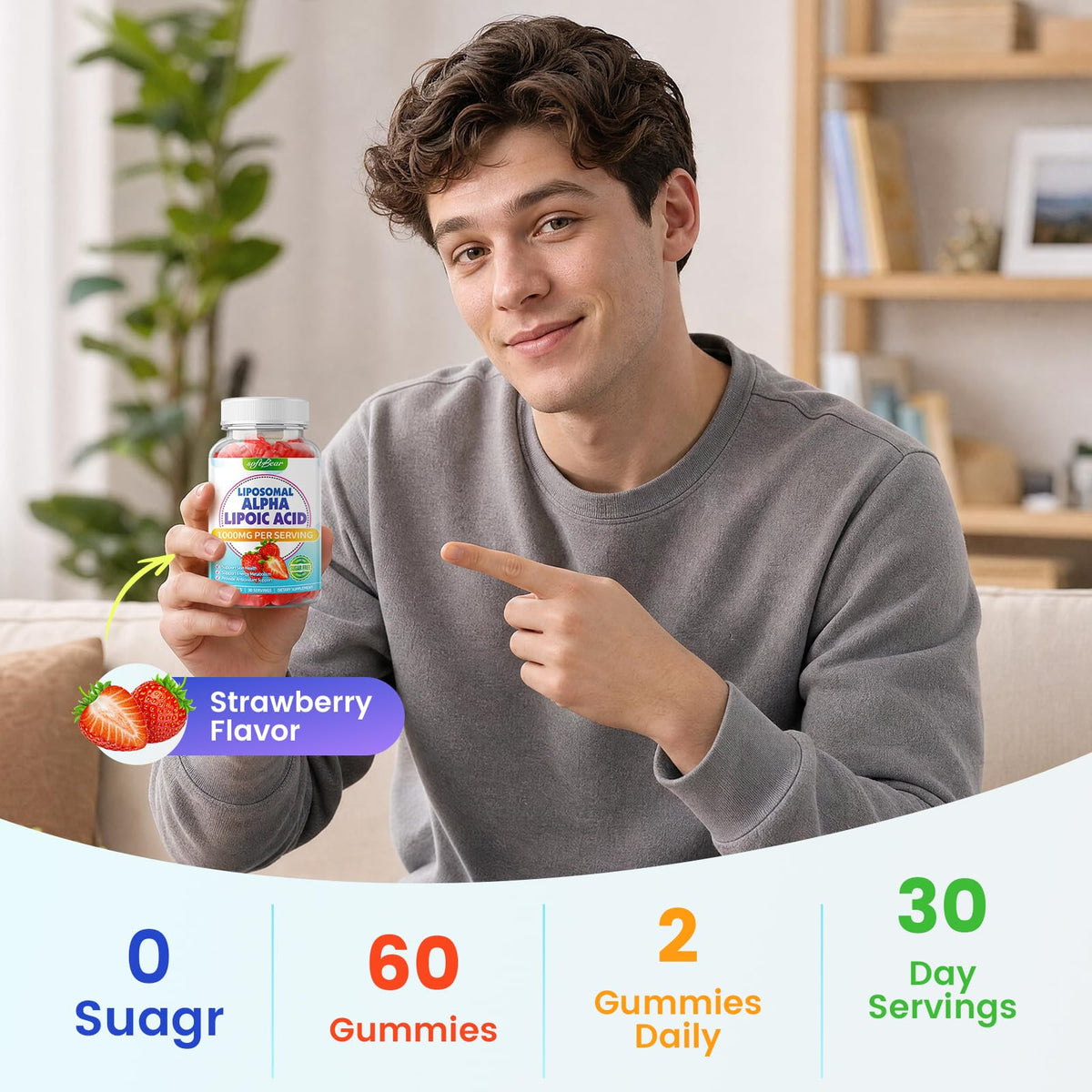Gummies softbear Alpha Lipoïque avec une fraise en arrière-plan