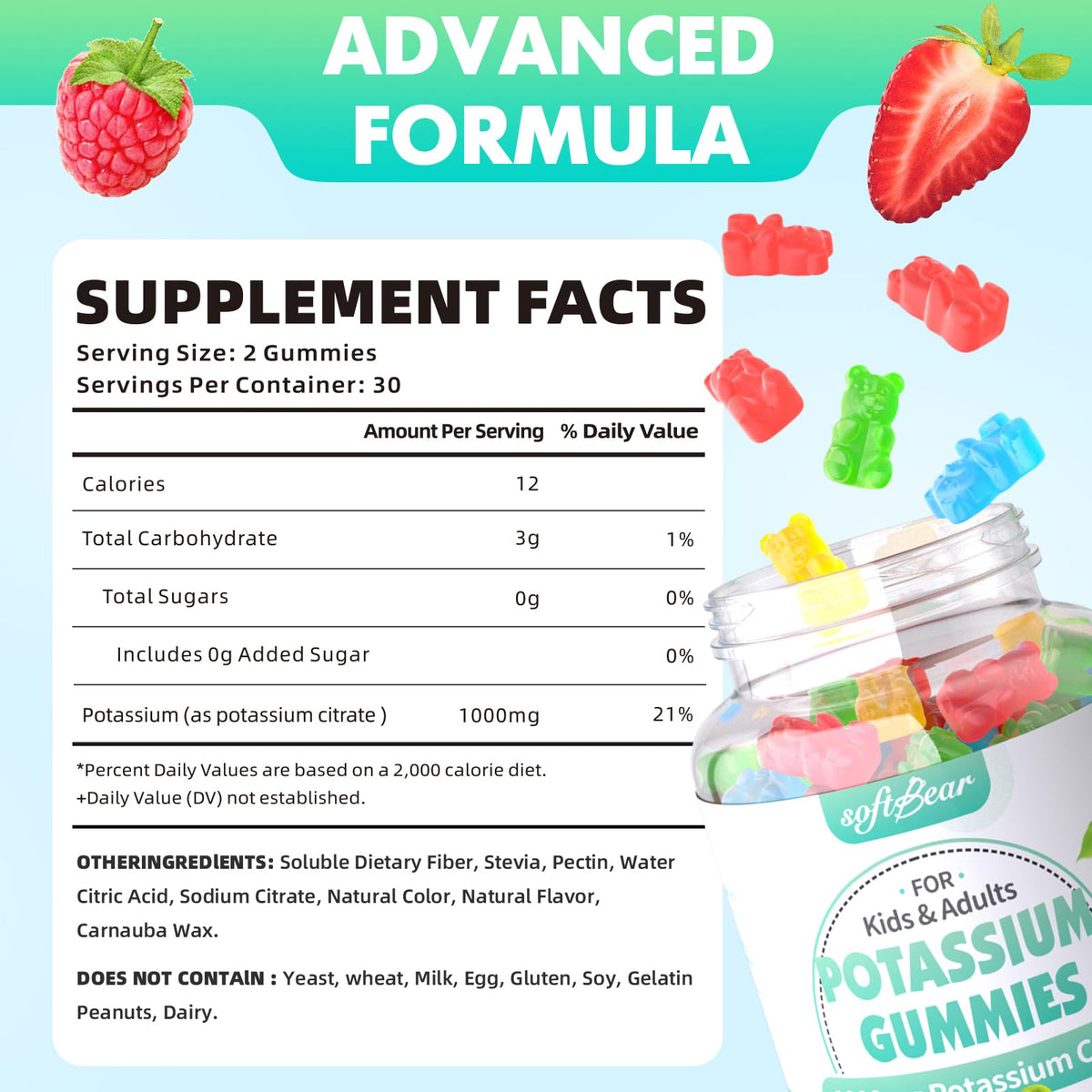 Gummies softbear avec un goût fruité, côté du flacon