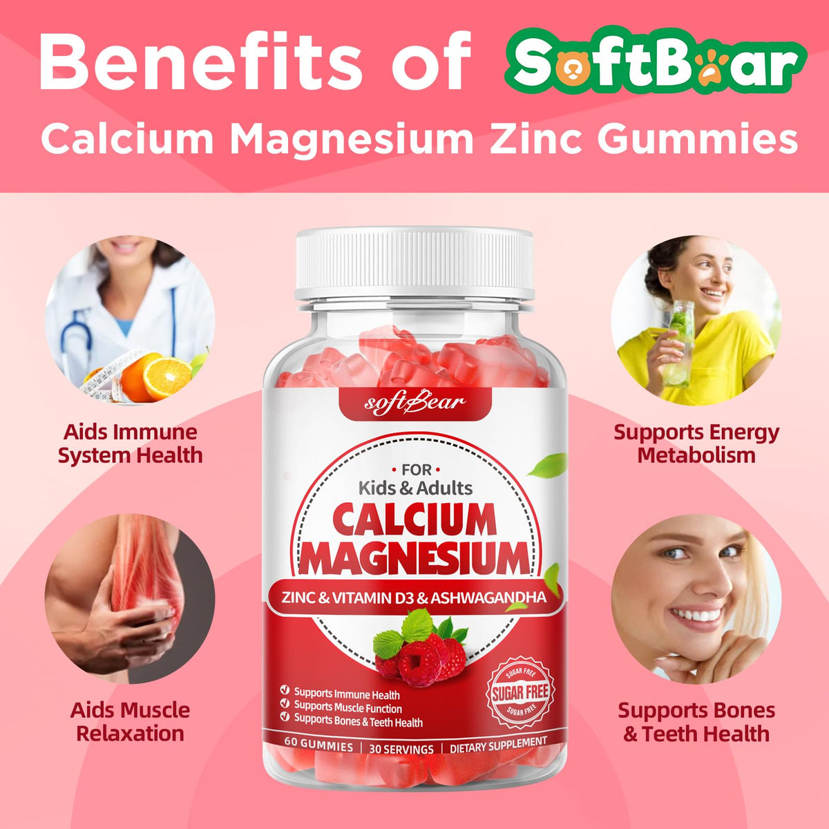 Gummies softbear Calcium Magnésium Zinc sur une table