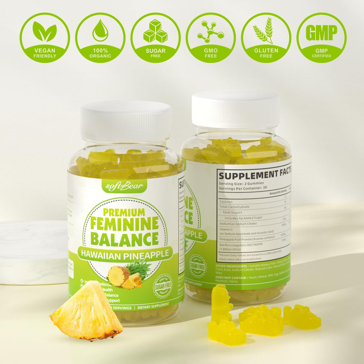 Gummies softbear équilibre féminin, saveur ananas, sur une table