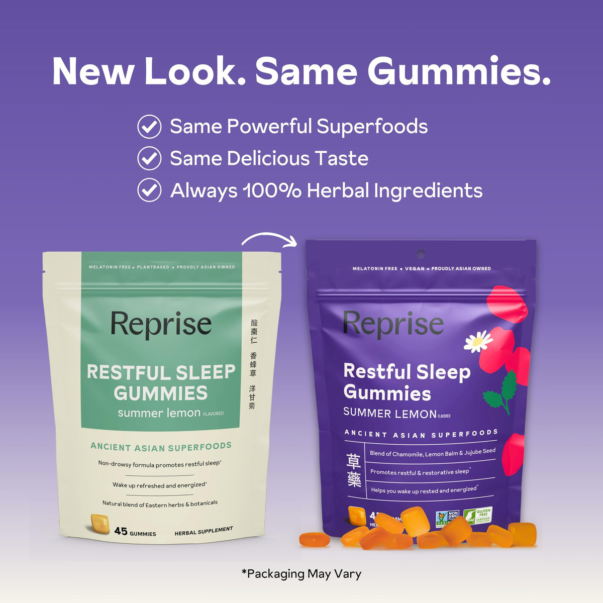 Gummies Sommeil Naturel Reprise vue de face avec ingrédients