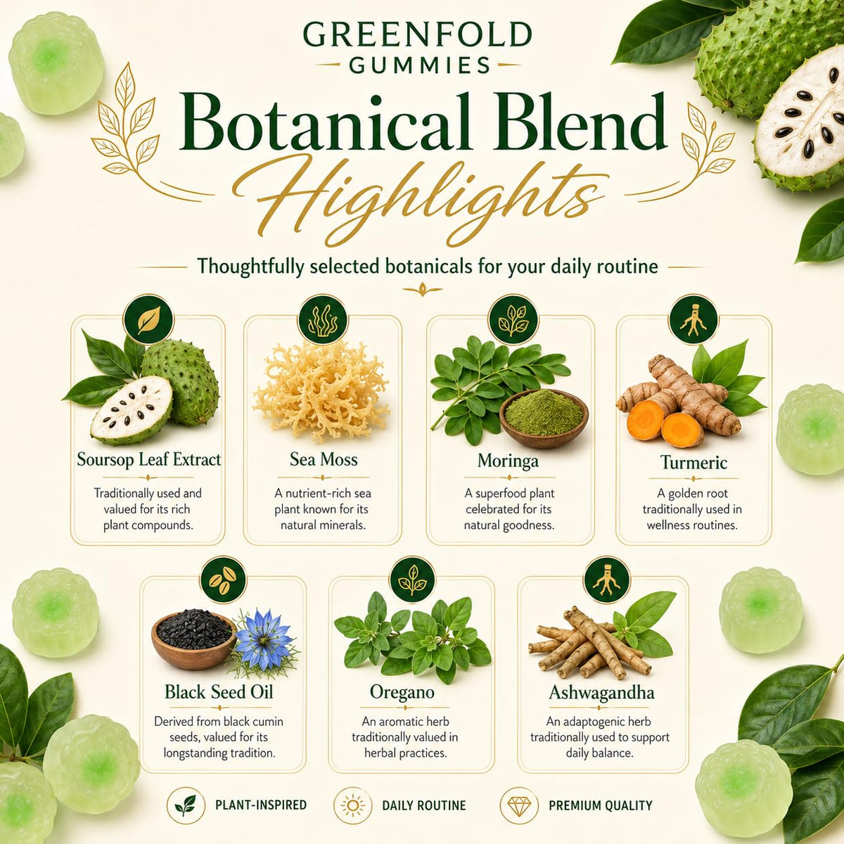 Gummies Soursop Greenfold avec des ingrédients naturels en arrière-plan