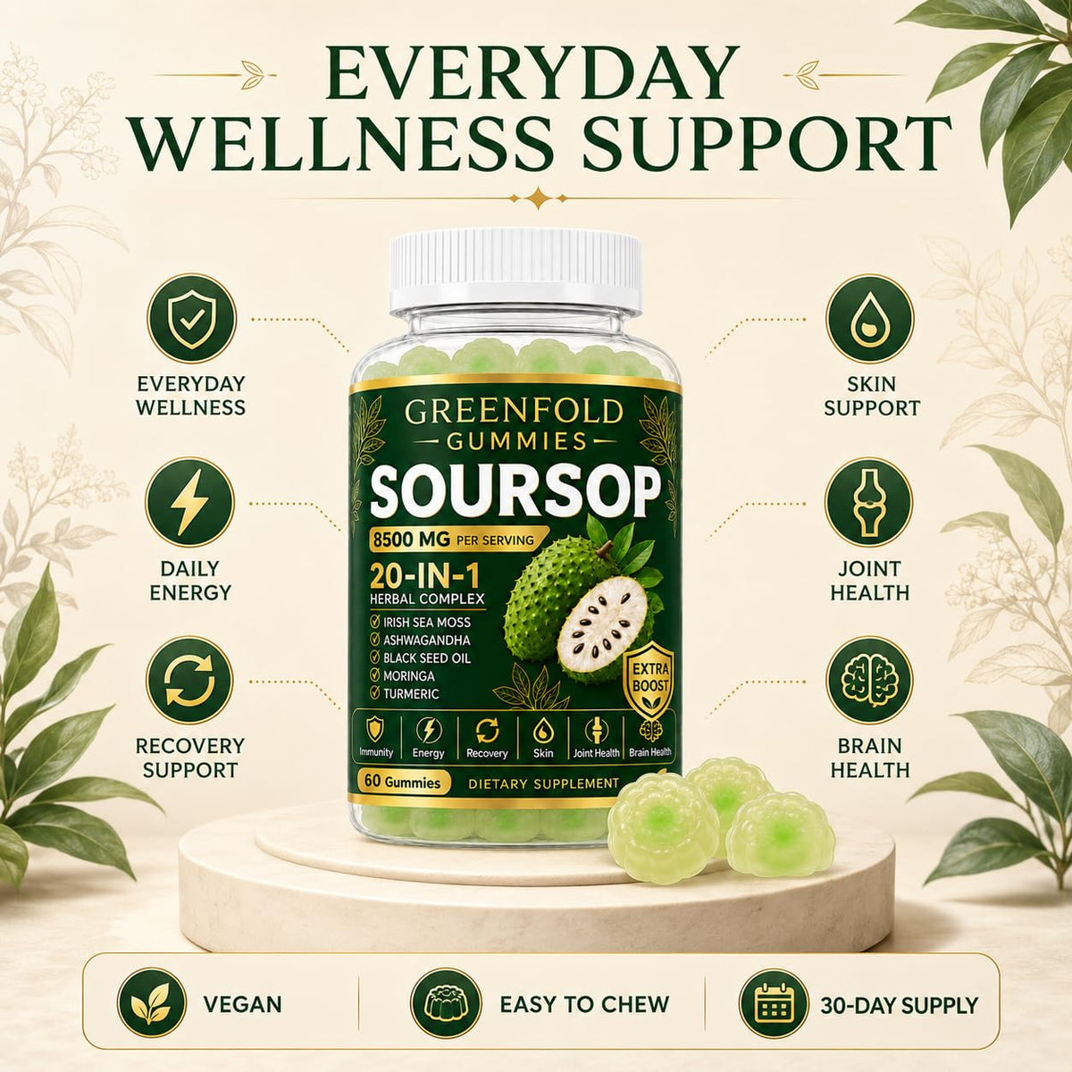 Gummies Soursop Greenfold sur une table avec une cuillère