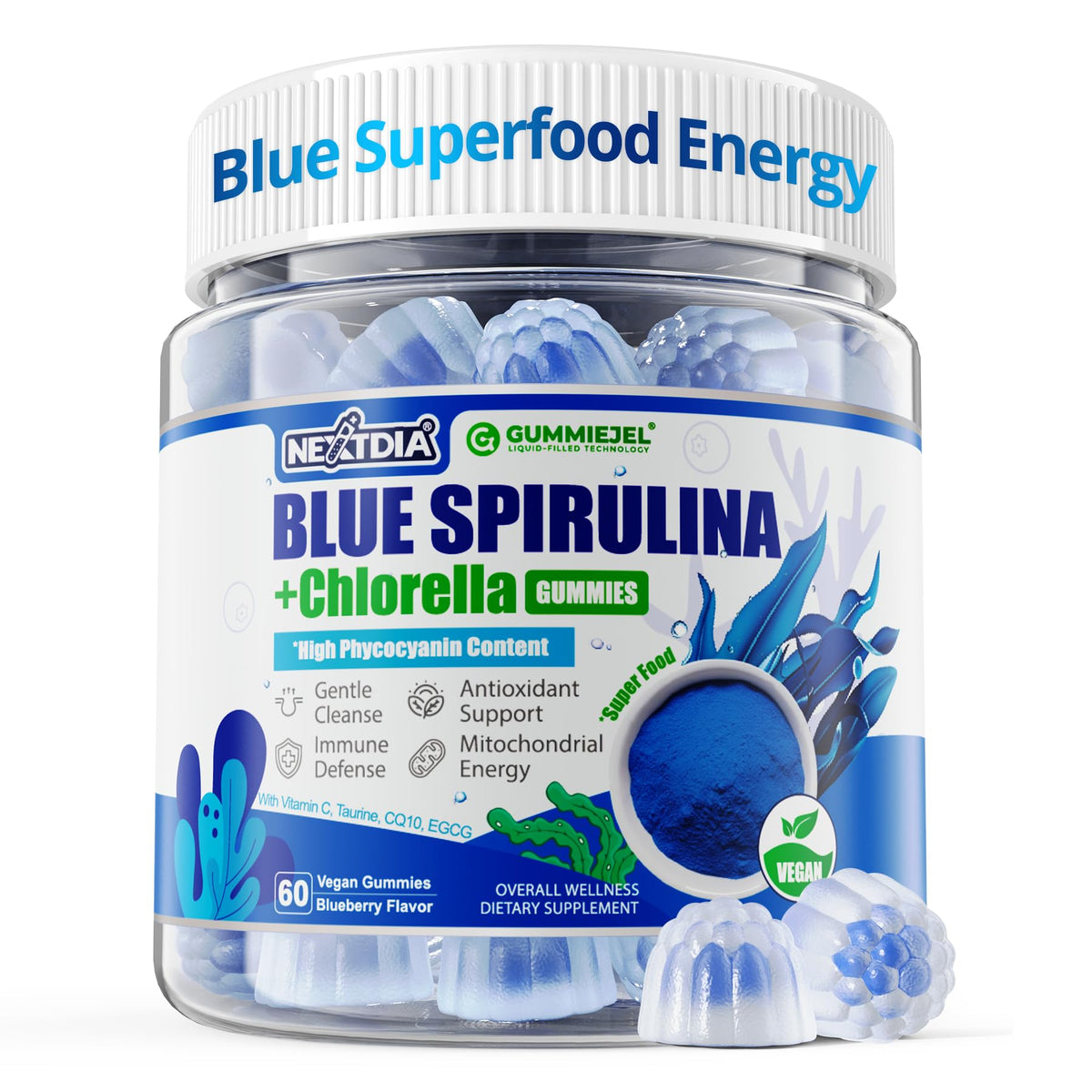 Gummies Spiruline Bleue Bio Nextdia 60 Ct avec emballage sur fond blanc