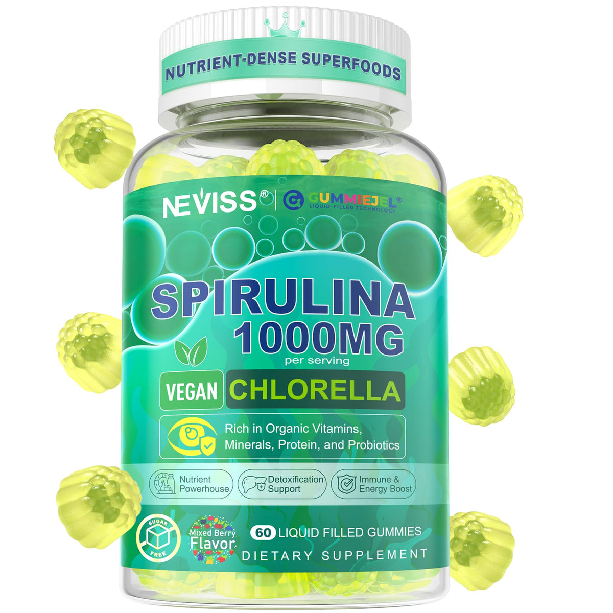 Gummies Spiruline Chlorelle NEVISS boîte de 60 pièces vue avant
