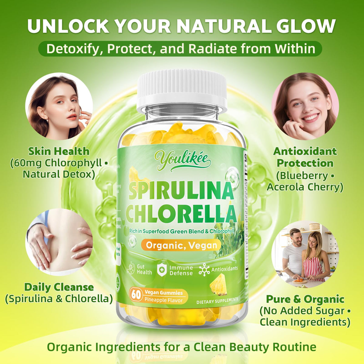 Gummies Spiruline Chlorelle Youlikee sur une table