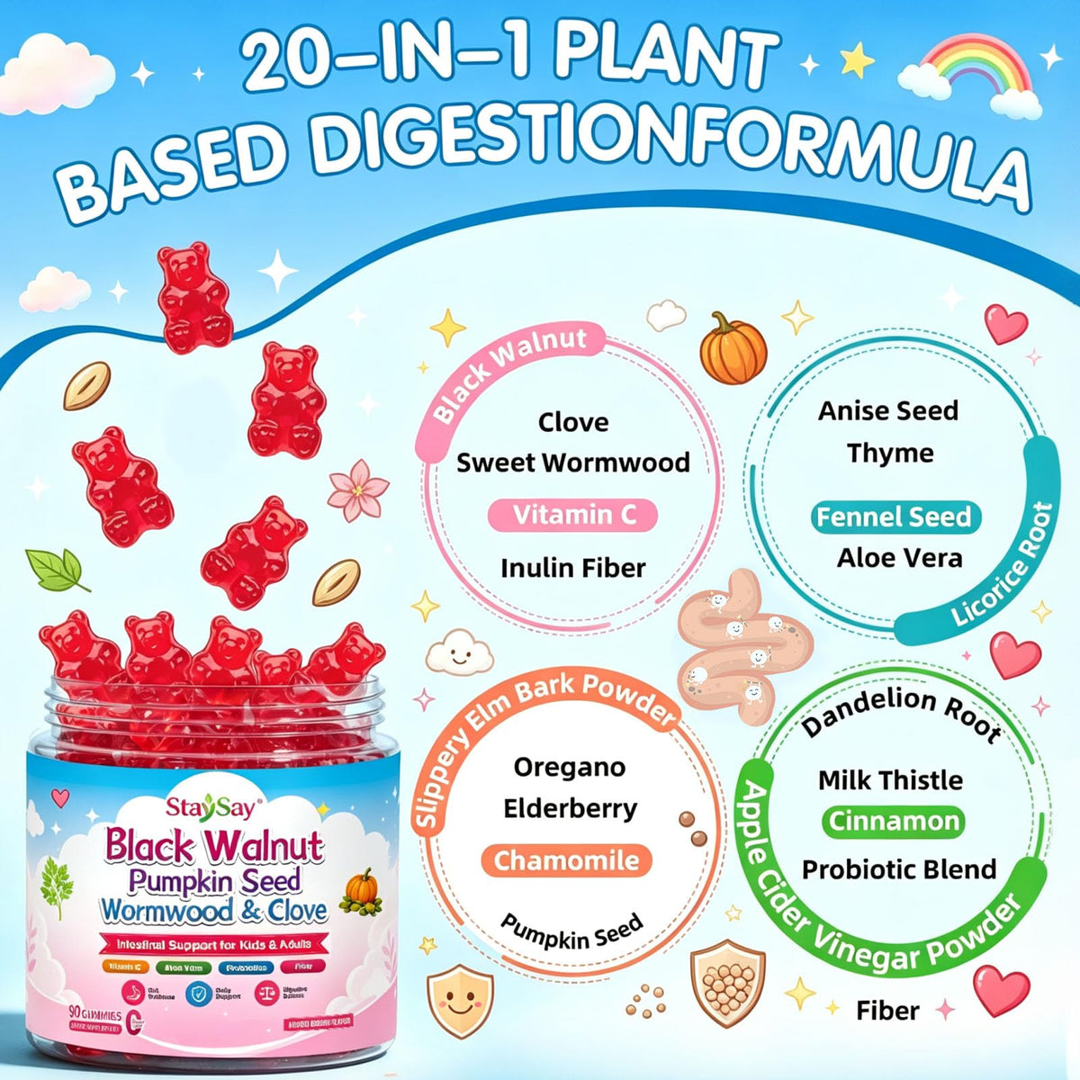 Gummies StaySay 20-en-1 avec des ingrédients naturels en arrière-plan