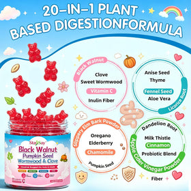 Gummies StaySay 20-en-1 avec des ingrédients naturels en arrière-plan