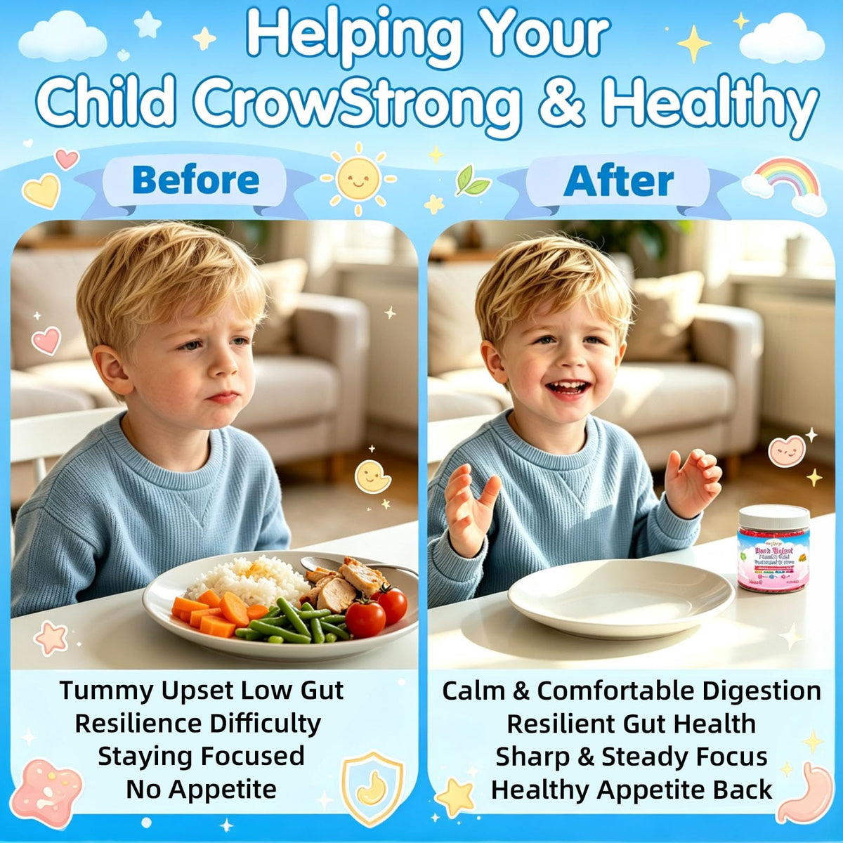 Gummies StaySay 20-en-1 avec un enfant souriant