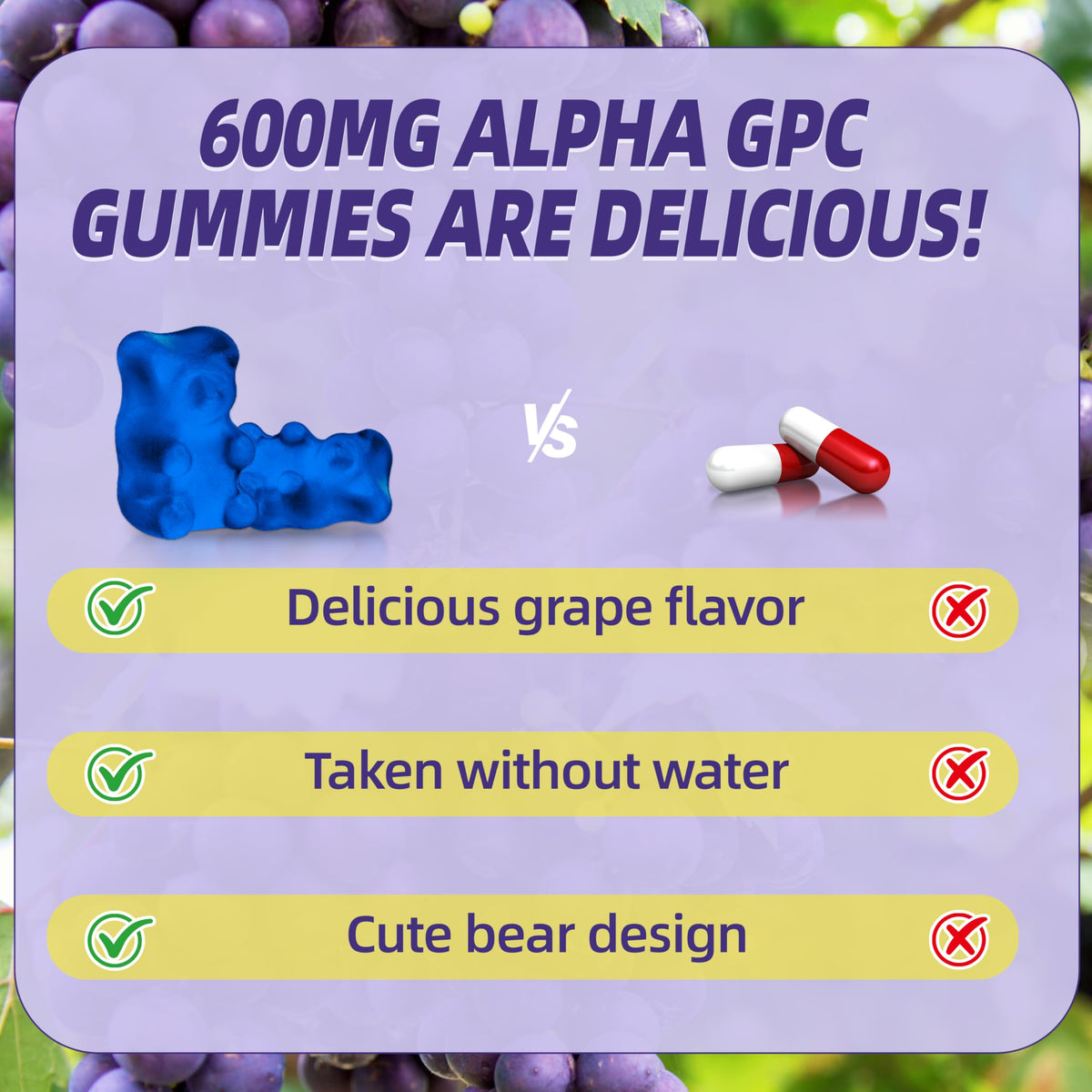 Gummies SUGAWITA Alpha GPC 600mg sur une surface en bois